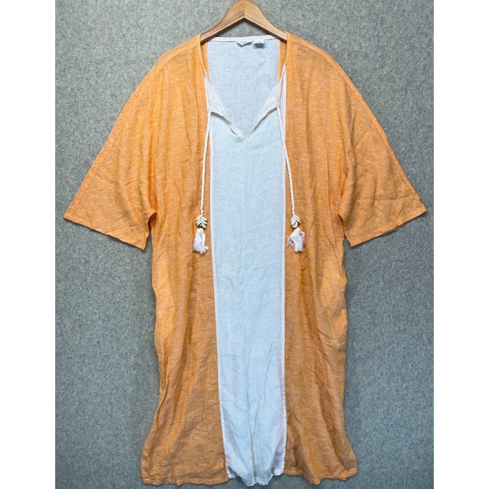 Sigrid Olsen Womens Kaftan Cover Up Lounge Wear Orange‎ White Linen Blend L
